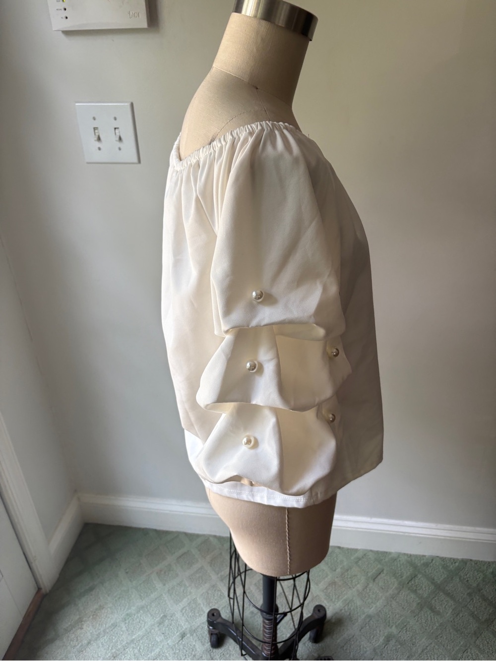 White Off the Shoulder Blouse w Pearl Embellishments - Picture 3 of 5